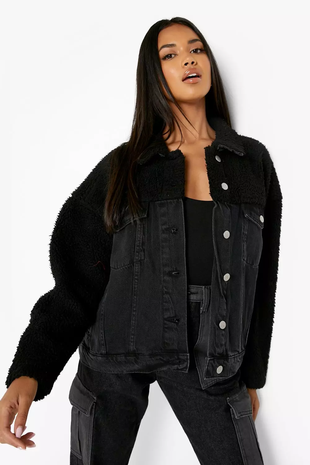 Black borg denim jacket womens store